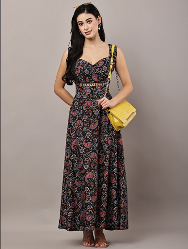 Women's Black Paisley Print Maxi Dress with Lace-Up Back and Smocking